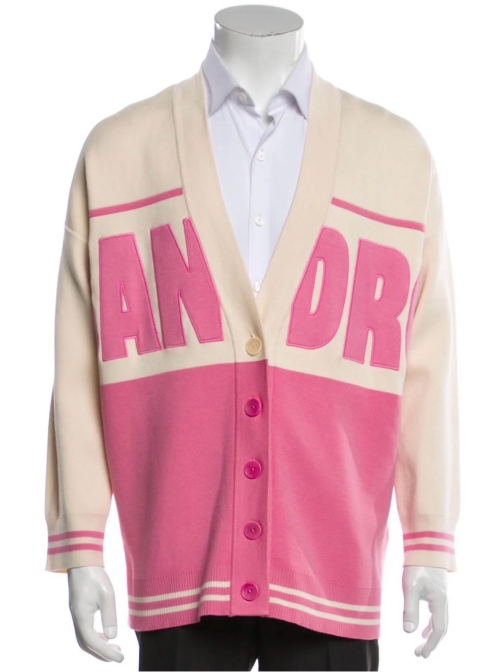Sandro Cream and Pink Colorblock Logo Cardigan